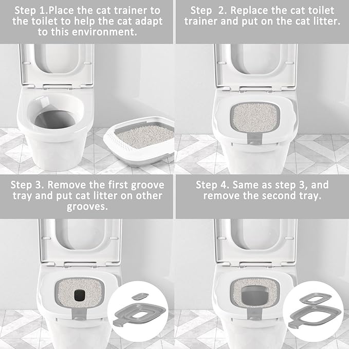 Upgraded Cat Toilet Training Kit,Universal Cat Toilet Training Systems,Reusable Trainer for Pet Cleaning with 1 Replaceable Cat Feather Toy