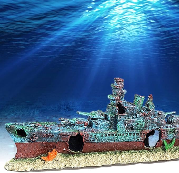 Aquarium Creative Warship Wreckage Ornament - Sunken Pirate Ship Decor for Fish Tank, Artificial Coral Reef Hideout Cave with Aquatic Plants, Unique Underwater Landscape Centerpiece for Aquatic Pets