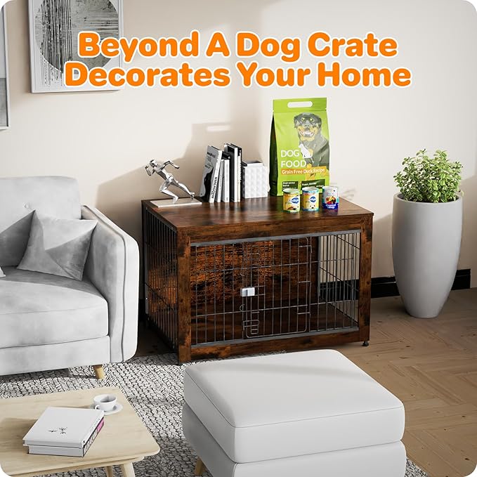 Escape Proof Decorative Dog Crate Furniture with Wooden Top, 38in Furniture Style End Table and Secure Indoor Kennel, Anti Anxiety for All Breeds, Aged Black