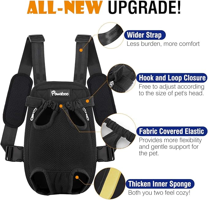 Pawaboo Pet Carrier Backpack, Adjustable Pet Front Cat Dog Carrier Backpack Travel Bag, Legs Out, Easy-Fit for Traveling Hiking Camping for Small Medium Dogs Cats Puppies 13-16lbs, Extra Large, Black