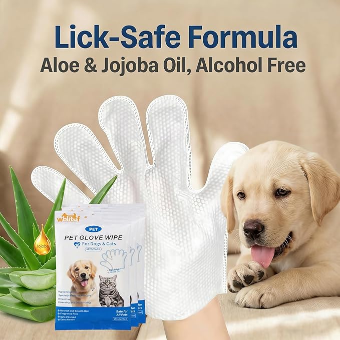 Pet Cleaning Gloves (6 Count) | Extra Thick Disposable Grooming Gloves with Aloe & Jojoba Oil, Waterless No-Rinse Odor Control, Lick-Safe Five-Finger Design for Cats & Dogs