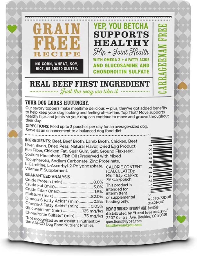 I AND LOVE AND YOU Wet Dog Food Toppers - Top that Move Beef with Bison Recipe in Gravy, Meal Enhancer Topper, 3oz 12pk