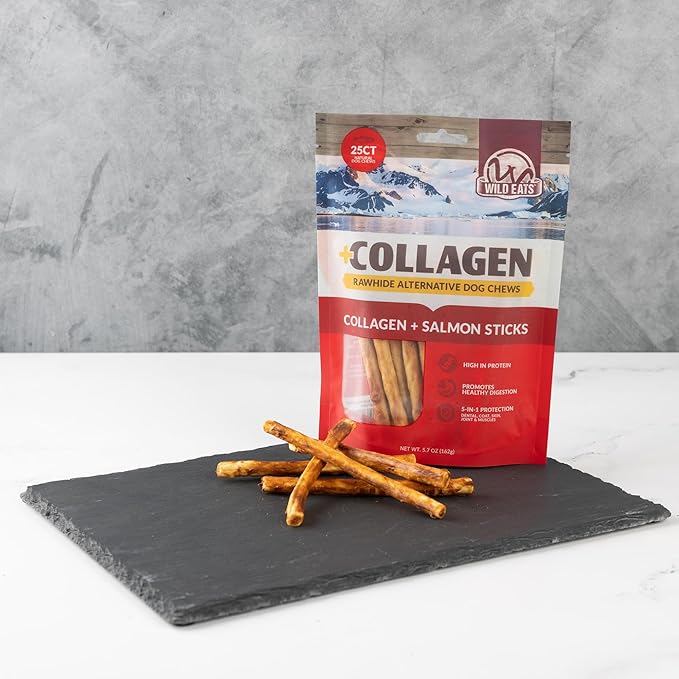 Wild Eats Collagen Real Salmon Bully Sticks for Dogs 25ct - Long Lasting Dog Chews No Hide Dog Treat Bully Stick Alternative, Rawhide Free, Grain Free, High Protein
