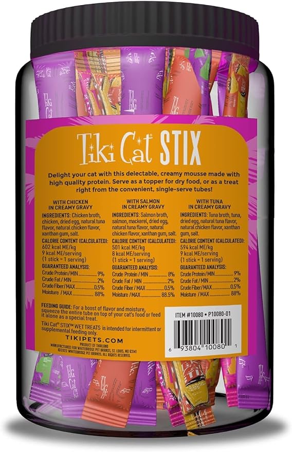 (2 Jar) Tiki Cat Stix Mousse Treats, Variety Mega Jar, Single Serve Indulgent Lickable Treat or Dry Food Topper, 50 Count, 25 oz. (0.5 oz./Stick)