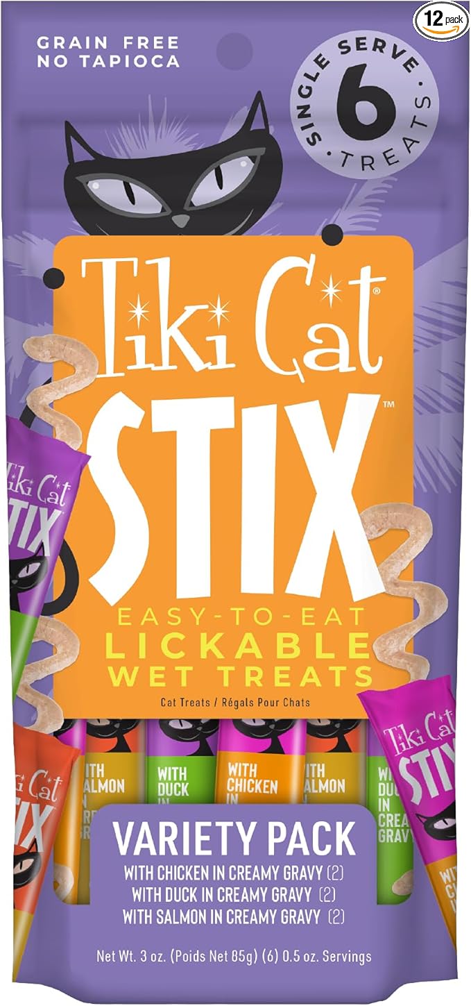 Tiki Cat Stix Wet Mousse Cat Treats, 3 oz. Pouch of Single Serve Lickable Treats, Variety Pack in Gravy, (12 Pack of 72 Tubes)