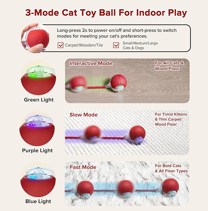 Interactive Cat Toy Ball for Indoor Cats, Motion Activated Cat Ball with 3 Speeds, 2 Replaceable Tails, Safe Material Kitten Toys, USB Charging, 360° Smart Rolling Ball for Bored Adult Cats and Dogs