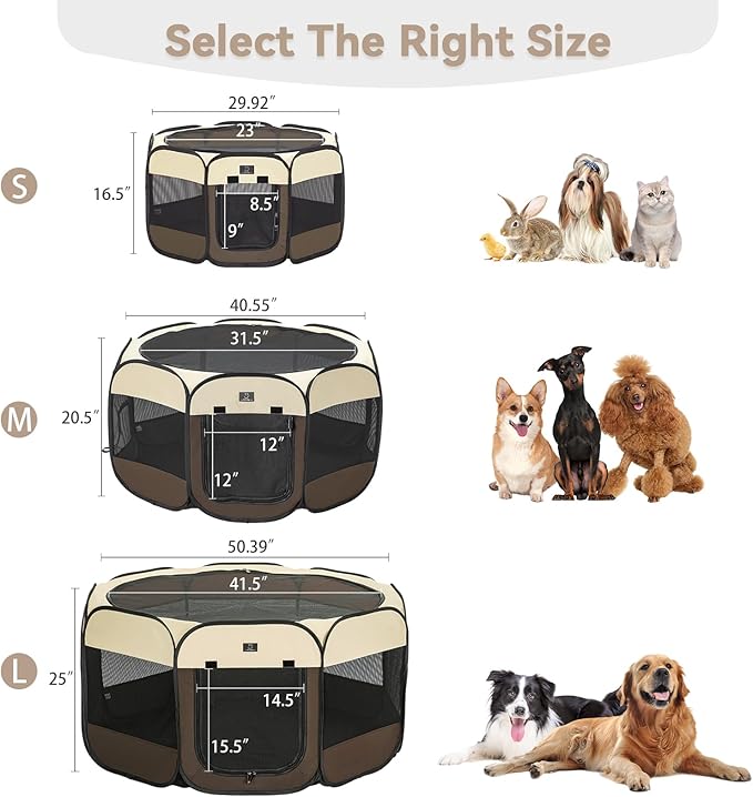 Dog Playpen for Small Dogs & Puppies, 29.92" Portable Indoor Outdoor Puppy Playpen with Bowl, Waterproof Floor, Foldable Pop-Up Pet Pen for Home, Travel & Daily Use, Brown+Beige
