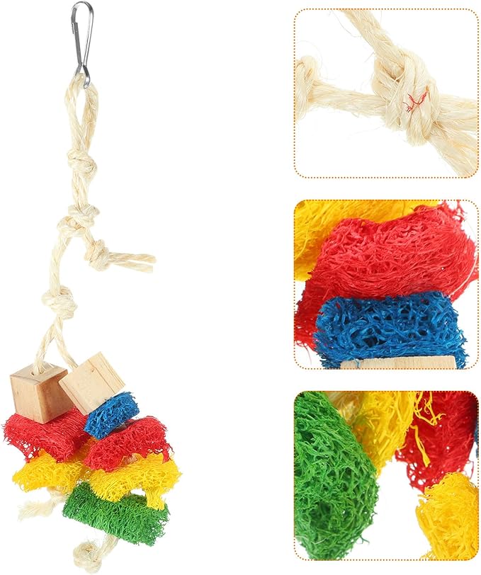Natural Parrot Chewing with Blocks and Loofah Rope Hanging Bird Cage Accessory for Parrots and Birds Fun Bite to Reduce Boredom and Keep Pets Engaged