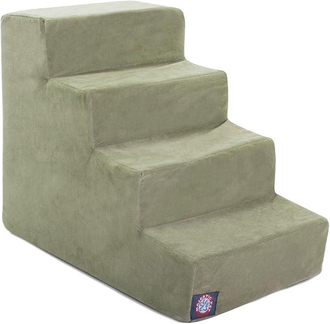 Majestic Pet 4 Step Portable Dog Stairs for Small Dogs to get on Bed Supports 25 lbs or Less – Dog Steps for High Bed with Machine Washable Cover – Pet Stairs for Cats Suede Sage
