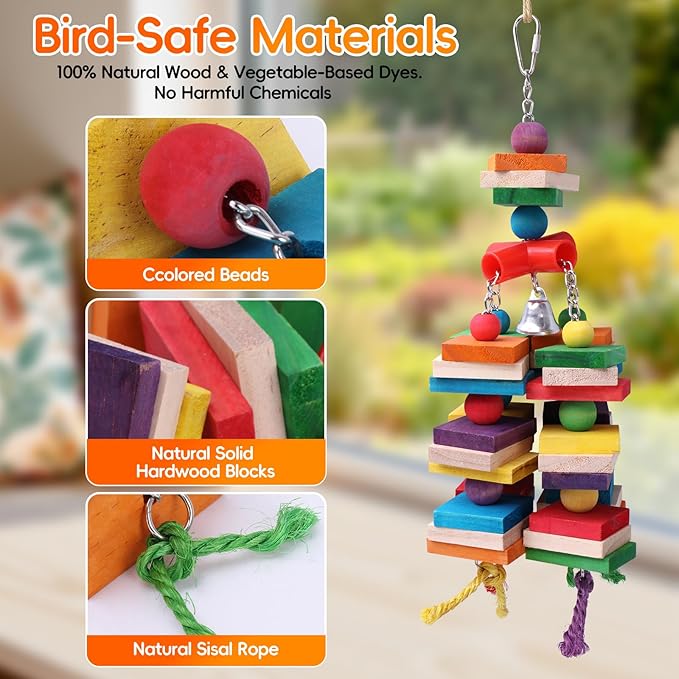 Cockatiel Toys,Natural Wood Bird Toys - 13.7" Interactive Shredding and Chewing Toy for Conures & Parakeets, Small to Medium Parrots Foraging Toys for Cage with Red Pipe & Silver Bell, Beak Health
