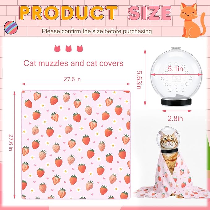 Chunful Cat Muzzle for Grooming, Cat Helmet and Wrap for Cutting Nails, M Size Adjustable Mask, 27.6" Anti-Escape Calming Swaddle Cloth, Bathing Shaving Anti-Scratch Pet Tools(Strawberry)