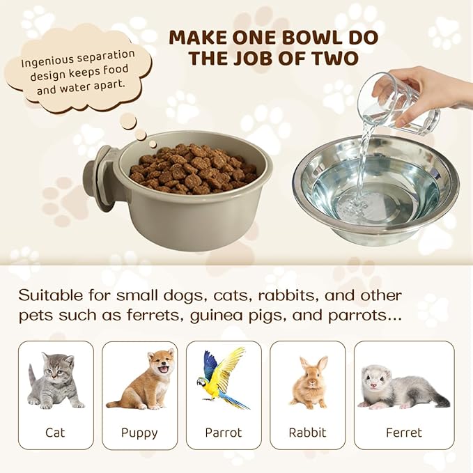 2Pcs Pets Lightweight Stainless Steel Bowl,Removable Stainless Steel Pet Hanging Food Water Feeder Bowl for Puppy Dog Cat Rabbit Ferret Bird Gunea Pigs (Small)