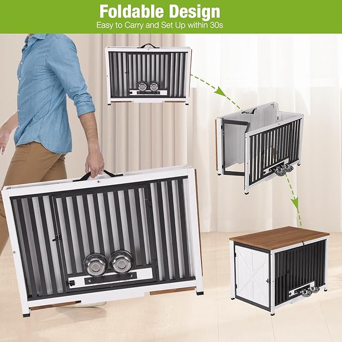 GUTINNEEN Expandable Foldable Dog Crate Furniture with 360° Rotating Bowls, Large Solid Wood Dog Crate End Table, Chew-Resistant Frame, Connectable Design for Larger Space, 39.4" L (Right Crate)