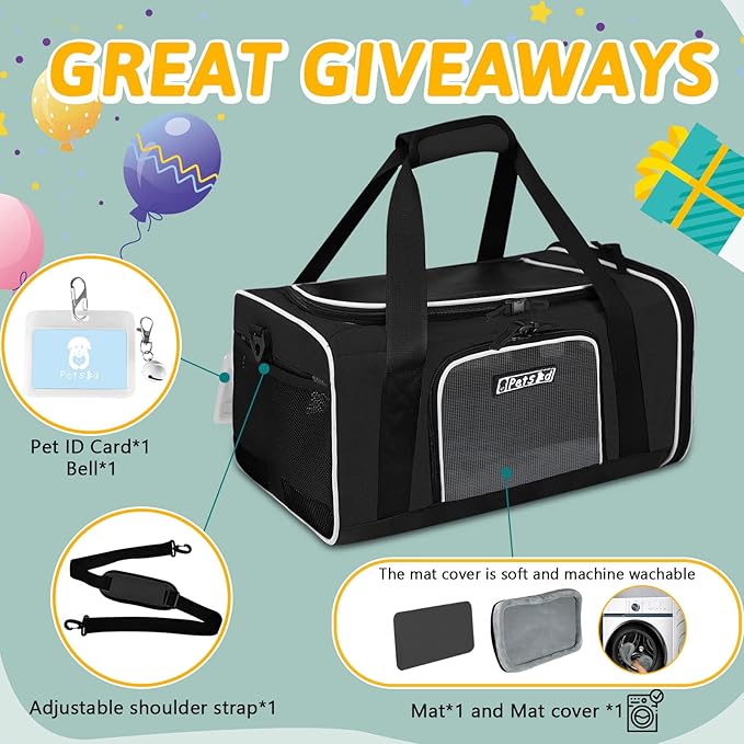 Petskd Pet Carrier 18x13x9.5 Southwest Airline Approved, Pet Travel Carrier Bag for Small Cats and Dogs, Soft Dog Carrier for 1-15 LBS Pets,Dog Cat Carrier with Safety Lock Zipper (Black)