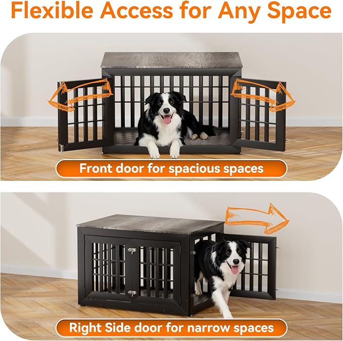 Snuowu 38" Heavy-Duty Dog Crate Furniture for Large/Medium Dogs, Rustic Wooden Dog Cage Kennel Indoor Furniture, Decorative Pet House End Table, Black & Grey