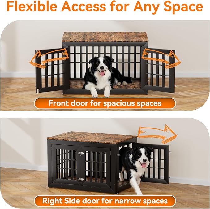 Snuowu 38" Heavy-Duty Dog Crate Furniture for Large/Medium Dogs, Rustic Wooden Dog Cage Kennel Indoor Furniture, Decorative Pet House End Table, Black & Wood