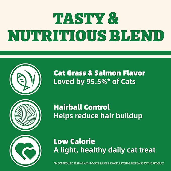 Wellix 13.05oz Cat Grass Treats with Catnip & Salmon - Healthy Cat Treats for Indoor Cats - Hairball Control & Digestive Support - Kittens Training Snacks for Teeth Cleaning