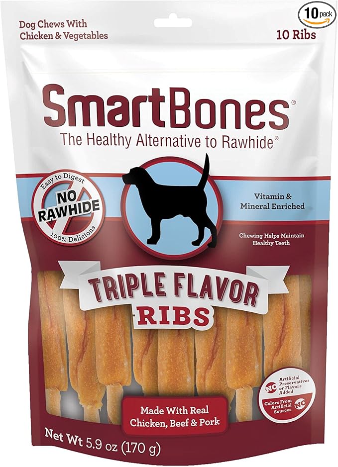 SmartBones No Artificial Colors or Preservatives Rib and Wing Chews, Treat Your Dog to a Fun Shapped Triple Flavor Chew