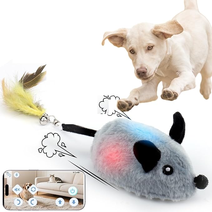 BABORUI Interactive Dog Toys Mouse, Automatic&APP Control Escaping Mice Squeaky Dog Toy with Lights & Auto-Turn, Rechargeable Moving Dog Toys for Small/Medium/Large Dogs & Cats(Grey)
