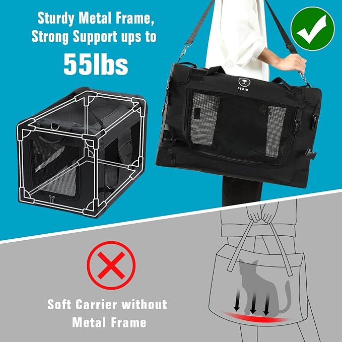 PEGIC Extra Large Cat Carrier for Car Travel, Soft Sided Collapsible Pet Carrier for Outdoor and Indoor Uses, Roomy Cat Carrier for 2 Kittens, Large Cat or Puppies up to 50lbs (Black)