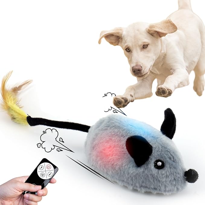 BABORUI Interactive Dog Toys Mouse, Remote Control Escaping Mice Squeaky Dog Toy with Lights & Auto-Turn, Rechargeable Moving Dog Toys for Small/Medium/Large Dogs & Cats(Grey)