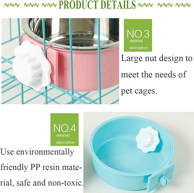 kathson Crate Dog Bowl, Removable Stainless Steel Hanging Pet Cage Bowl Food & Water Feeder Coop Cup for Cat, Puppy, Birds, Rats, Guinea Pigs (2 PCS, Size: M, Blue and Pink)