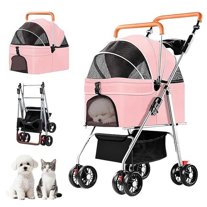 YYW Pet Stroller for Small Dogs & Cats, 3 in 1 Foldable Kittens Puppies Travel Strolling Cart with Removable Carrier, Cup Holder, Storage Basket & Lockable Wheels(Pink)