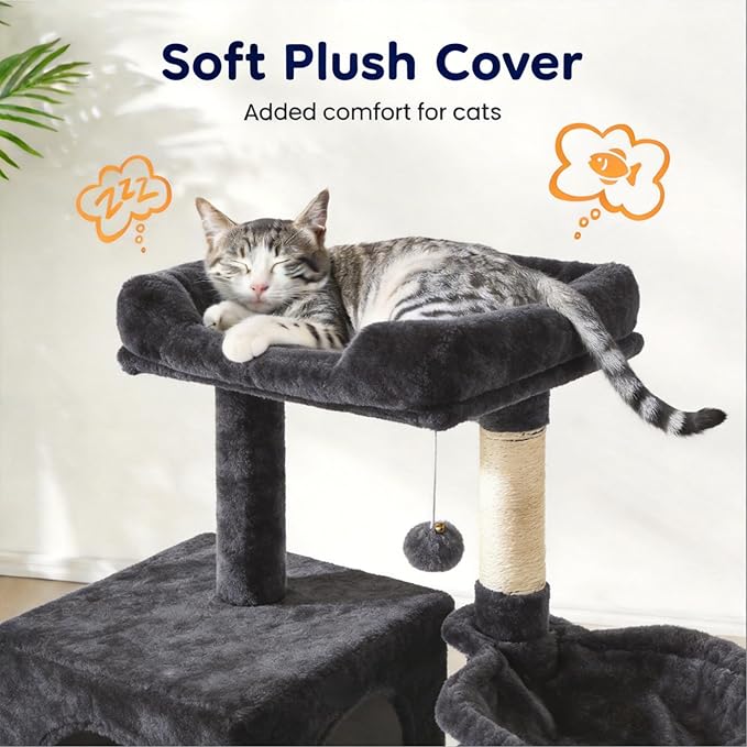 Fansafurn Cat Tree Tower for Indoor Cats, 36-inch Adult Cat Tree House for Large Adult Cats with Steps, Scratching Post, 2 Cat Condo, Dangling Toys, Dark Grey