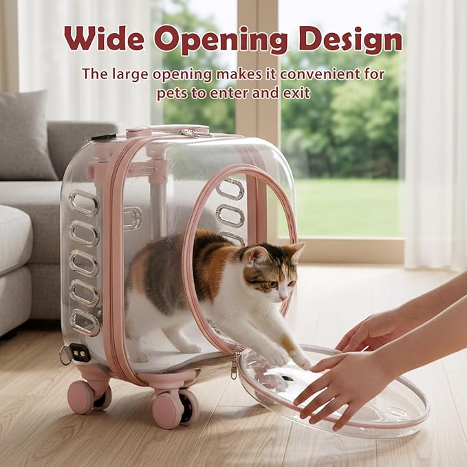 Cat Carrier Backpack with Silent Wheels, Clear Cat Stroller with Ventilation Holes, Telescopic Handle, Convenient Portable Cats Dogs Backpack for Travel (Light Pink-B)