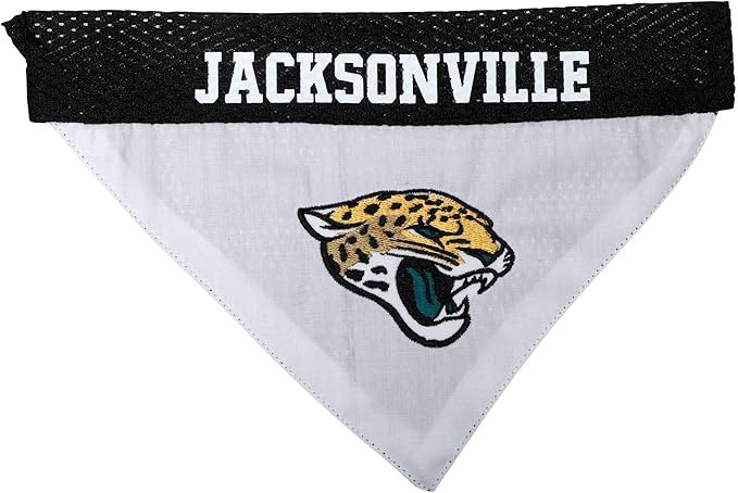 NFL DOG BANDANA - JACKSONVILLE JAGUARS REVERSIBLE PET BANDANA. 2 Sided Sports Bandana with a PREMIUM Embroidery TEAM LOGO, Large/X-Large. - 2 Sizes & 32 NFL Teams available