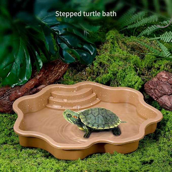 Turtle Bathing Pool, Reptile Feeding Dish Water Pot, Landscape Fish Tank Decoration, Lizard Turtle Bathing Pool for Aquatic Climbing Pet - Earthy Yellow