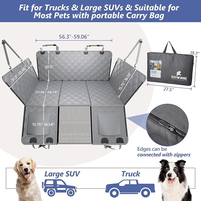 Back Seat Extender for Dogs Truck-Large Space, Hard Bottom Dog Pet Seat Cover Back Seat, Waterproof Dog Hammock for Crew Cab Trucks F150, RAM1500, Sierra, Tundra, Silverado, Grey