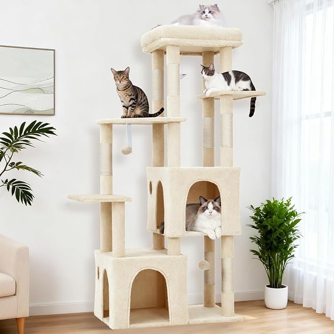 GarveeLife 61" Multi-Level Cat Tree for Indoor Cats, Heavy-Duty Tower for Large Adult & Maine Coon Cats with Oversized Perch, Dual Condos, Natural Sisal Scratching Posts & Play Toys – Beige