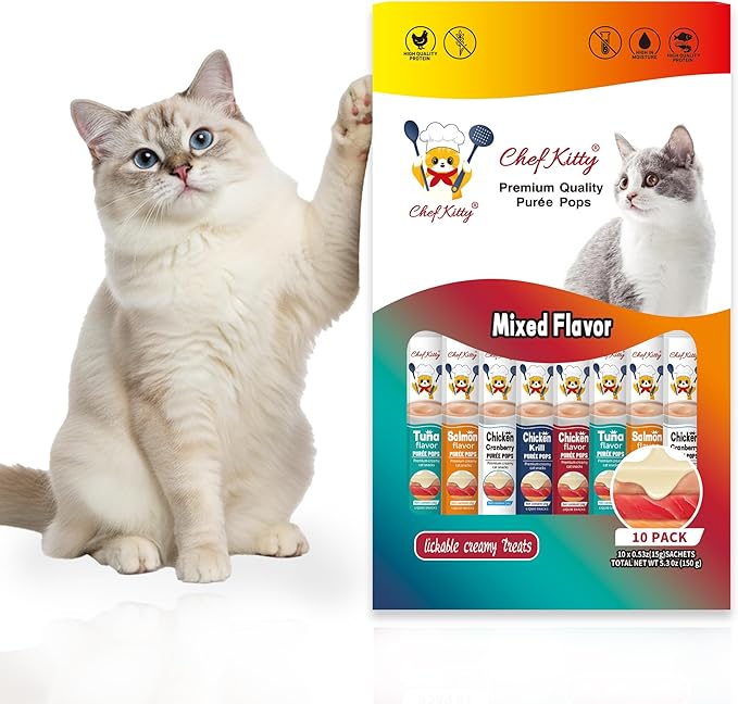 Purée Pops + Pink Feeding Spoon, Grain-Free, Lickable, Squeezable Creamy Cat Treat/Topper, 10 Tubes, Chicken and Seafood Mix Variety