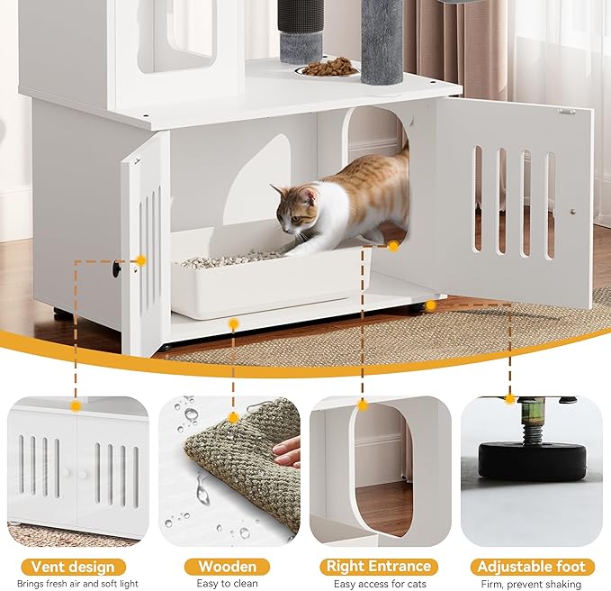 YITAHOME Cat Tree with Litter Box Enclosure, 2-in-1 Cat Furniture, Modern Cat Condo, Indoor Cat Tower with Wood House, Perch, Food Station, Hammocks, Scratch Post, Hair Brush, 59 Inch, White
