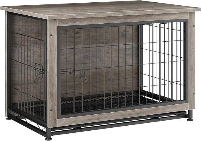 JY QAQA Dog Crate Furniture, Wooden Dogs Crate Table, Double-Doors Dog Furniture, Indoor Dog Kennel, Dog House, Dog Cage/Grey/L