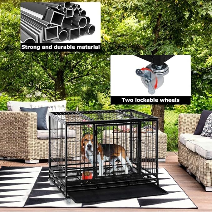 FDW Dog Crate Dog Cage Dog Kennel for Large Dogs Heavy Duty 42 Inches Pet Playpen for Training Indoor Outdoor with Plastic Tray Double Doors & Locks Design