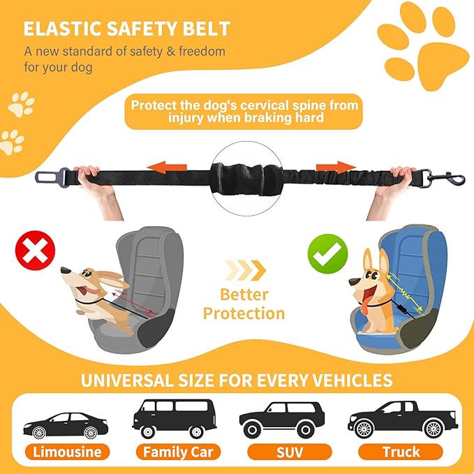Dog Seat Belt Retractable Dog Car Harness 2 Pack Adjustable Elastic Bungee Buffer Heavy Duty & Durable & 360 Degree Swivel.