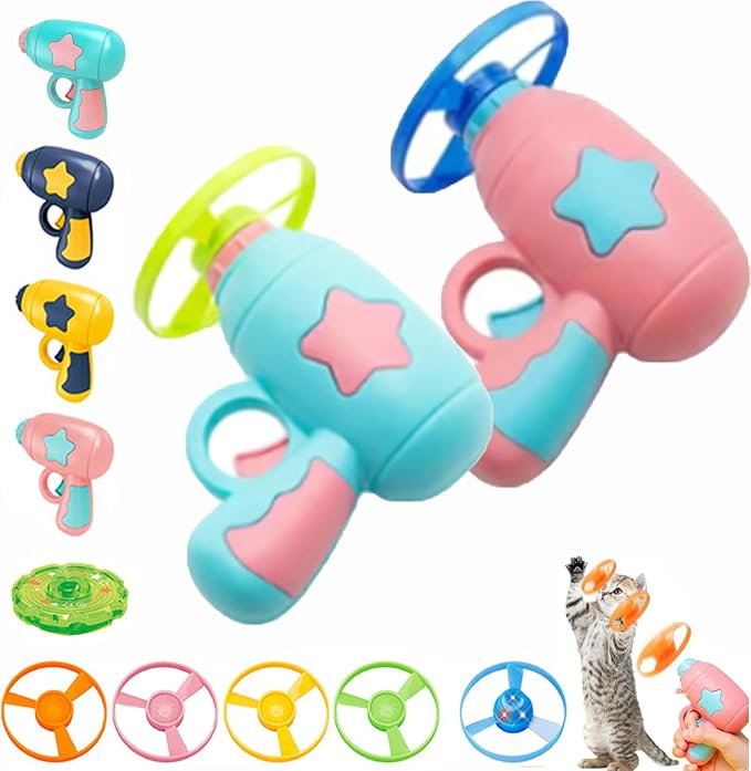 Bamboo Dragonfly Catapult Pistol, Bamboo Dragonfly Catapult Launcher, cat Fetch Toy Flying disc Saucer Launcher, Cat Fetch Toy with Colorful Flying Propellers Set (Pink+Blue)