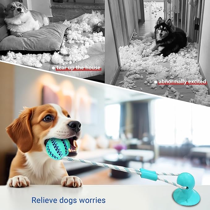 Dog Chew Toys for Aggressive Chewers, Tug of War Suction Cup, Dog Puzzle Toys Treat Food Dispensing Ball, Puppy Rope Enrichment, Indestructible Treat Food Dispensing Ball (Blue)