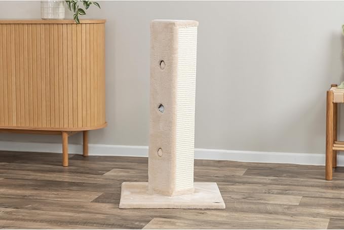 TRIXIE Soria Cat Scratching Post 31.5 Inch - Scratcher With Soft Fabric Covering Base and Durable Sisal Rope - Peek-a-Boo Cutouts, Hide and Seek Toy - in Greige