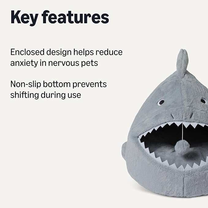 Amazon Basics Shark Shape Cat House for Indoor Cats, Enclosed Design Helps Reduce Anxiety in Nervous Pets, with Washable Cushioned Pillow, 17" x 16" x 14", Grey
