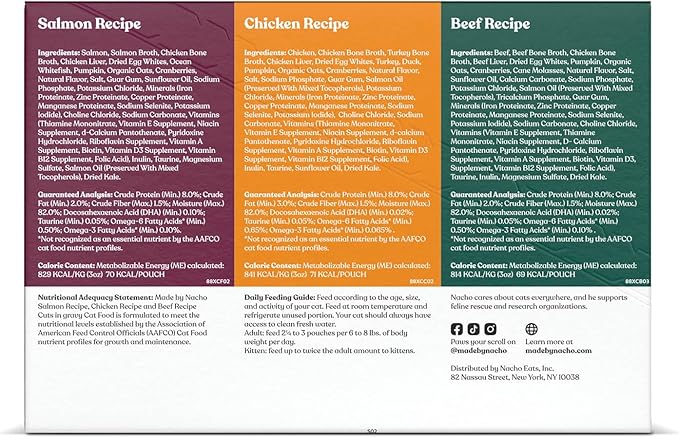 Made by Nacho Wet Cat Food Variety 12 Pack (3oz Each), Cage-Free Chicken, Sustainably Caught Salmon, Grass-Fed Beef with Bone Broth for Extra Hydration, Gravy Cut Pouches