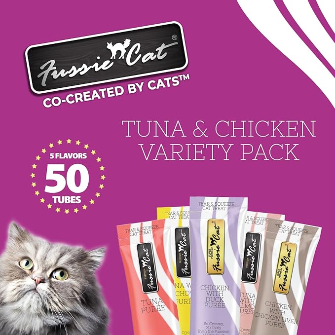 Fussie Cat, 0.5 Ounces Each, 50 Tubes, Tuna & Chicken Variety 5 Flavors