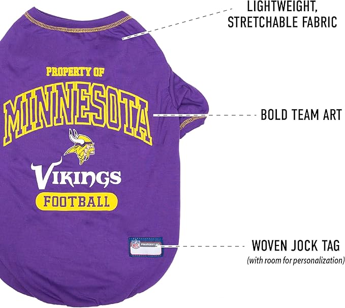 NFL Minnesota Vikings Dog T-Shirt for Pets, Size Small. Officially Licensed Pet Shirt with Team Logo, Soft Stretchable Comfort Fit Apparel for Dogs & Cats