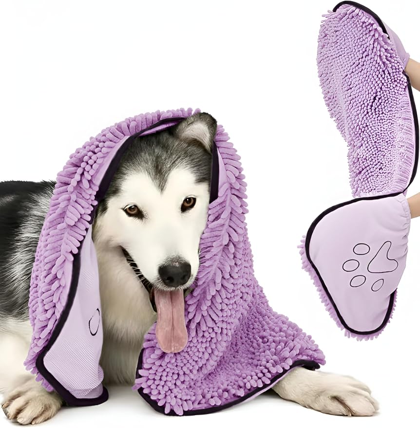 Super Absorbent Dog Drying Towel - 24.4''x10'' Chenille Microfiber Pet Bath Towel with Dual Hand Pockets, Quick Dry Soft Grooming Towel for Small Medium Large Dogs and Cats, Machine Washable (Purple)