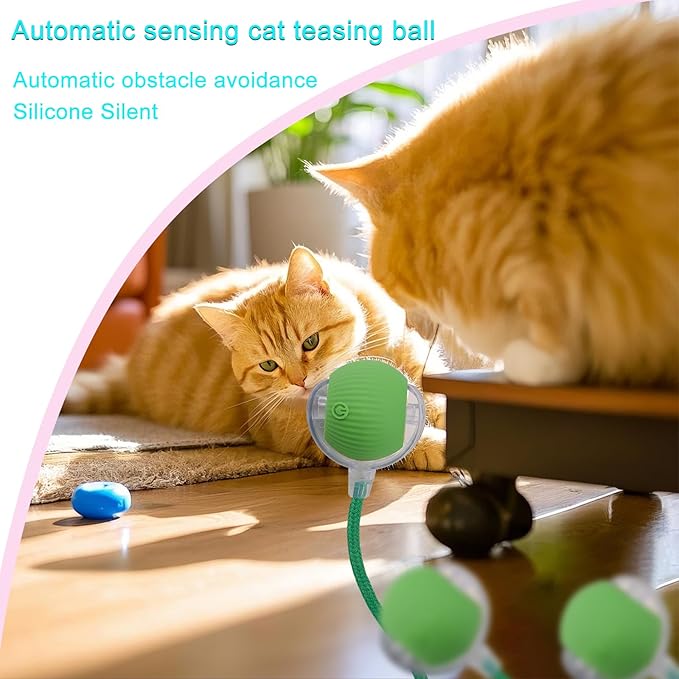 Interactive Cat Dog Toy Ball: Indoor Automatic Moving Smart Rolling Fun Pet Game with Led Light and Tail for Motion Activated, Kitten Puppy Present, Chase Exercise, Hunting Simulation-Upgrade (Green)