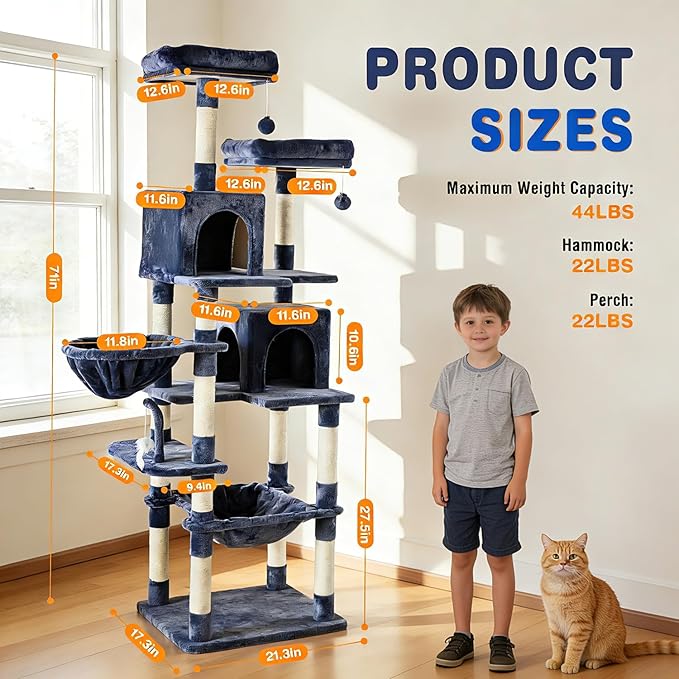 71in Extra Large Cat Tree Tower, Multi-Level Tall Cat Tower with Scratching Post/Hammock/Plush Condo/Pompoms/Wide Base, Heavy Duty Cats Tree for 20lb+ Large Adult Cats/Kittens, Grey