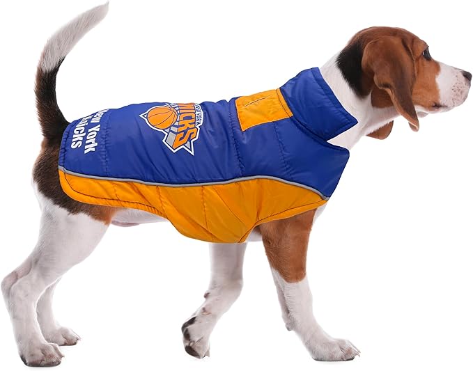 NBA New York Knicks Puffer Vest for Dogs & Cats, Size Large. Warm, Cozy, and Waterproof Dog Coat, for Small and Large Dogs/Cats. Best NBA Licensed PET Warming Sports Jacket