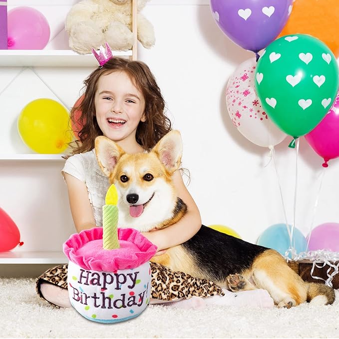 Dog Birthday Cake Toy, Happy Birthday Cake Shaped Squeaky Dog Toys for Medium & Large Dogs Funny Dogs Gifts Plush Dog Party Toys, Large, Pink